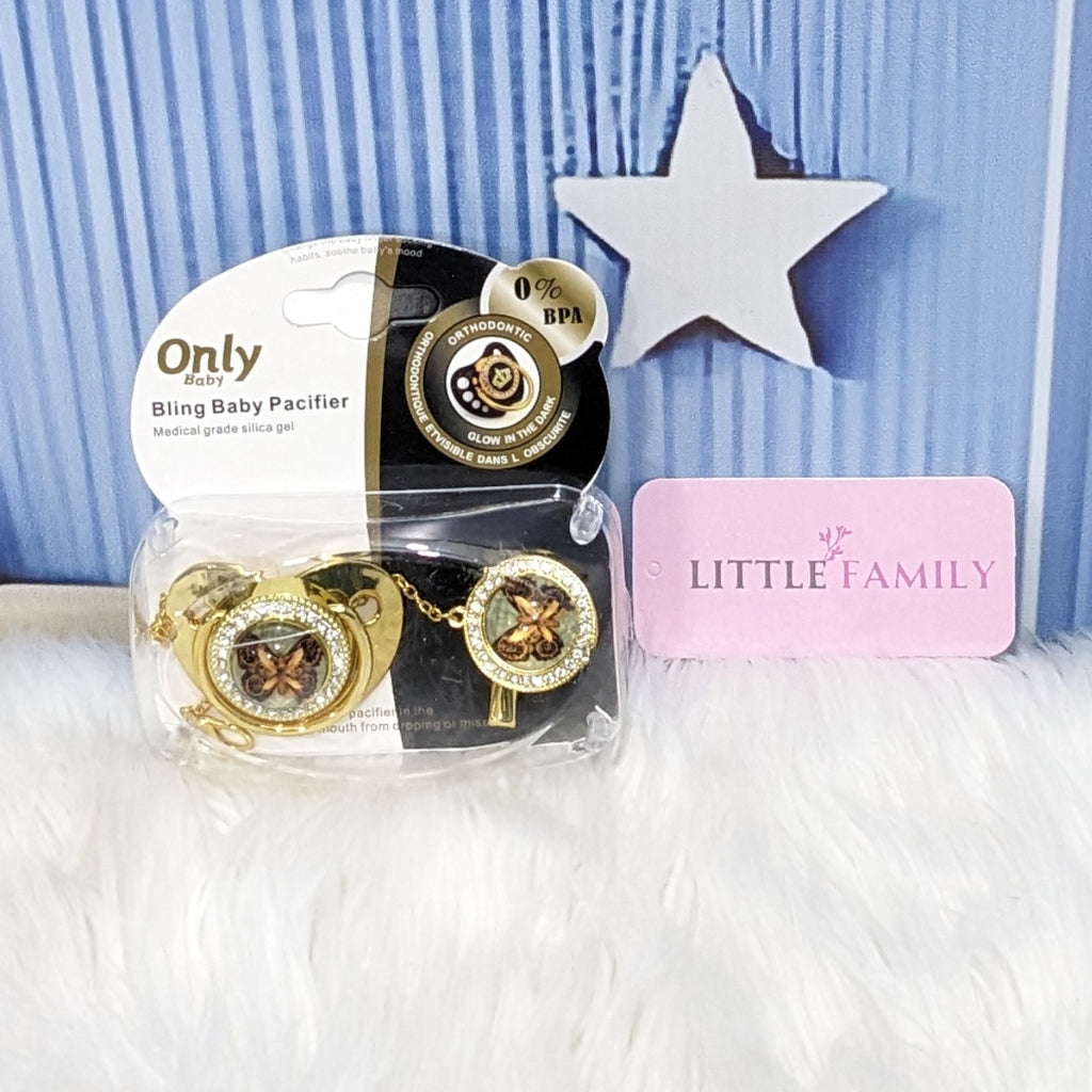 Luxury Bling Baby Pacifier with Matching Chain - Golden Butterfly