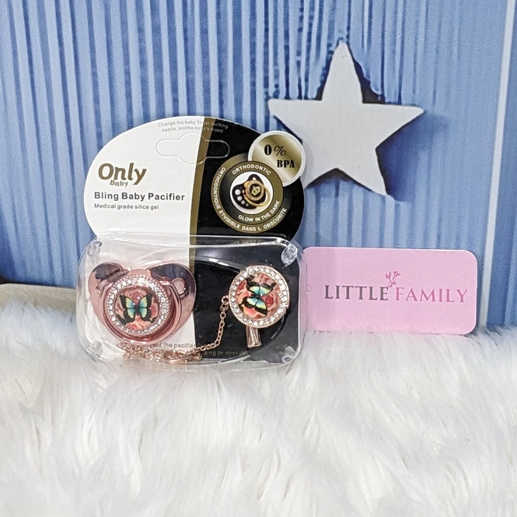 Luxury Bling Baby Pacifier with Matching Chain - Pink Butterfly