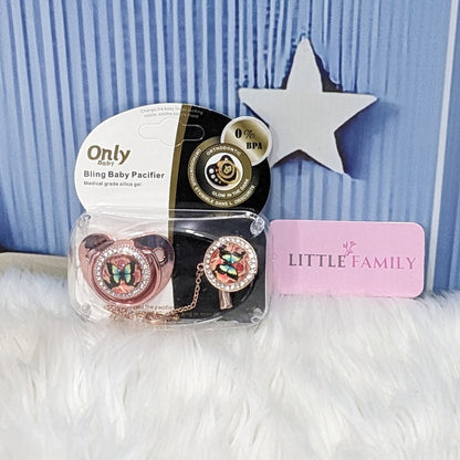 Luxury Bling Baby Pacifier with Matching Chain - Pink Butterfly