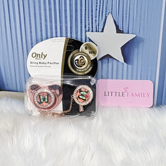 Luxury Bling Baby Pacifier with Matching Chain - Pink Butterfly