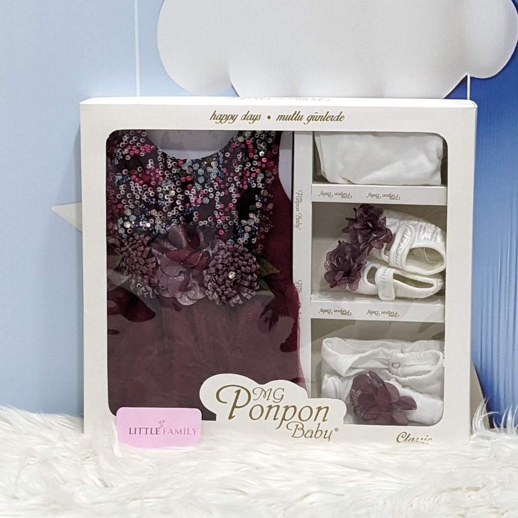 Premium Newborn Baby Frock Set | Maroon Flowers