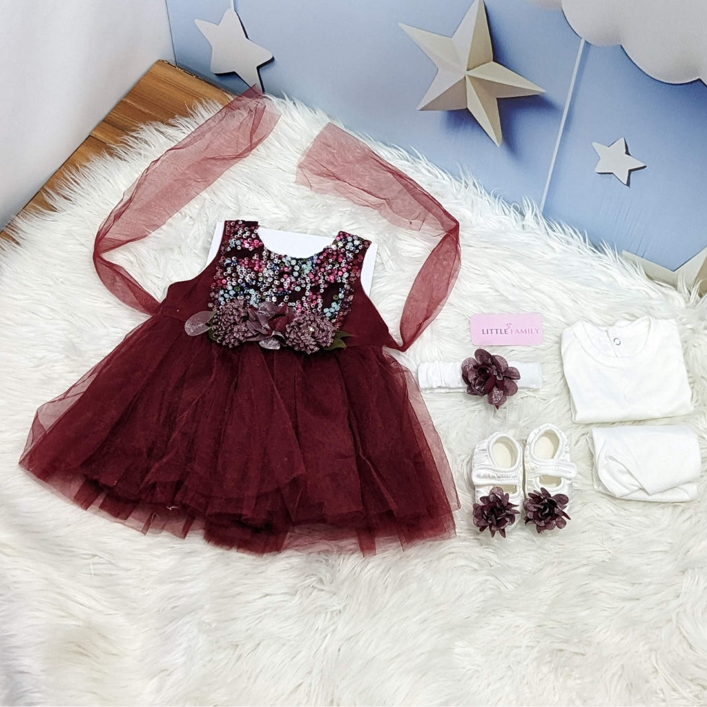 Premium Newborn Baby Frock Set | Maroon Flowers