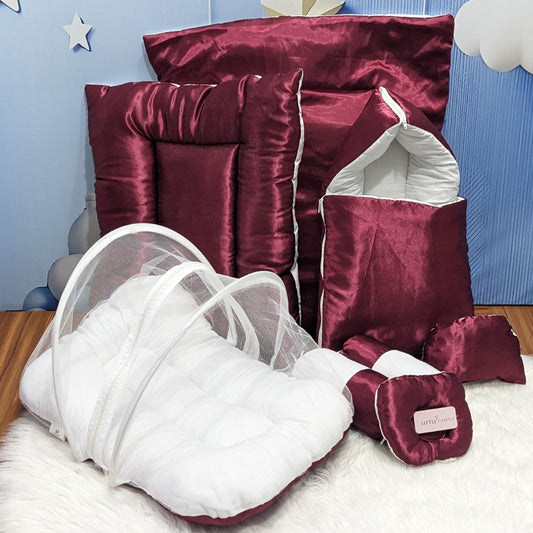 Premium Silk Baby Bedding Set - 8 Pieces (Maroon)