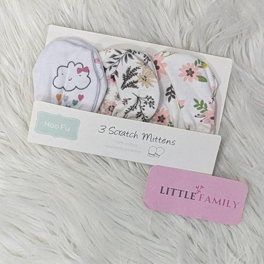 Premium Baby Cotton Scratch Mittens (Pack of 3) - Pink Flowers