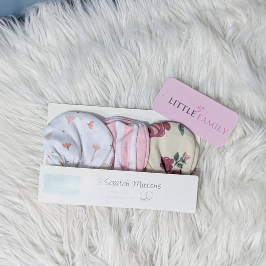 Premium Baby Cotton Scratch Mittens (Pack of 3) - Cream Flowers