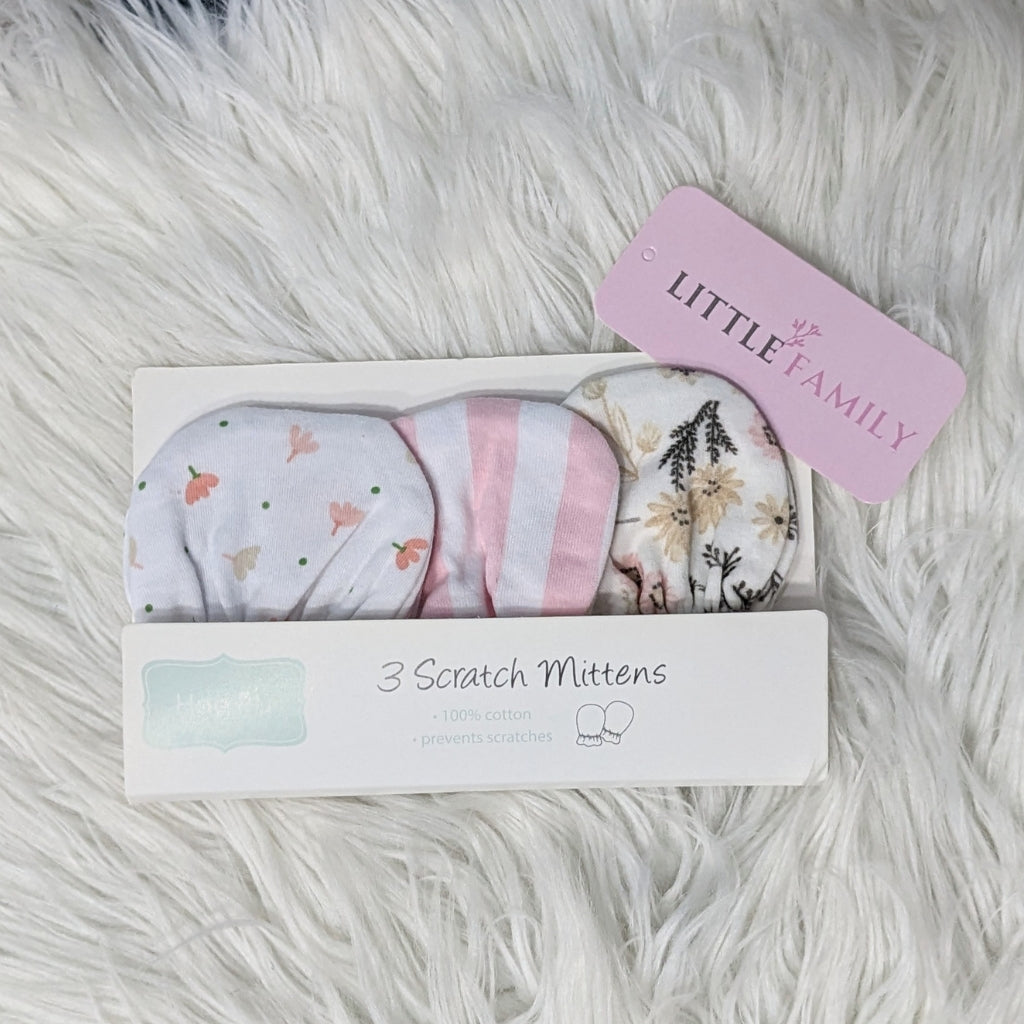Premium Baby Cotton Scratch Mittens (Pack of 3) - Pink Flowers