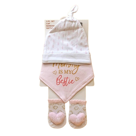 Baby 3 PC'S Cap, Napkin & Booties Gift Set | "Mommy is my Bestie"