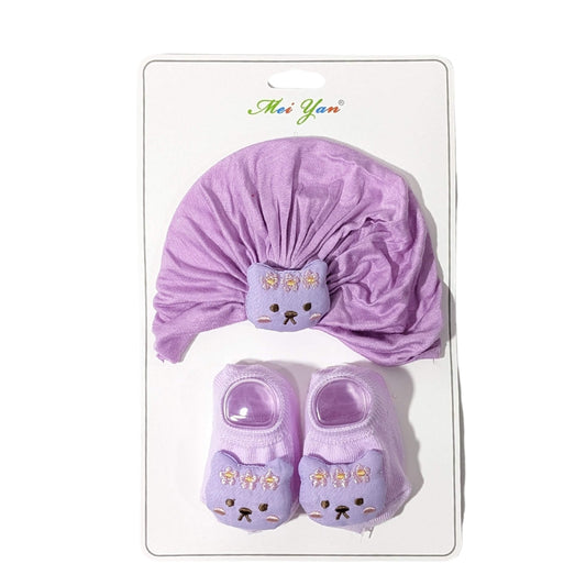 Purple Bunny Turban Cap & Booties Set