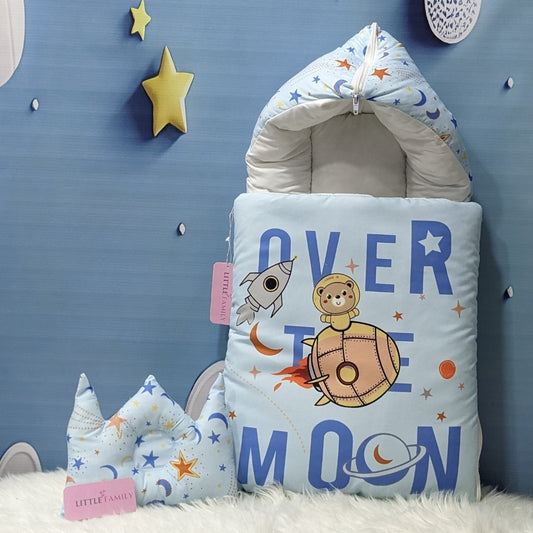 "Over The Moon" Theme Newborn Baby Carry Nest - Soft Poly Cotton | Sky Blue