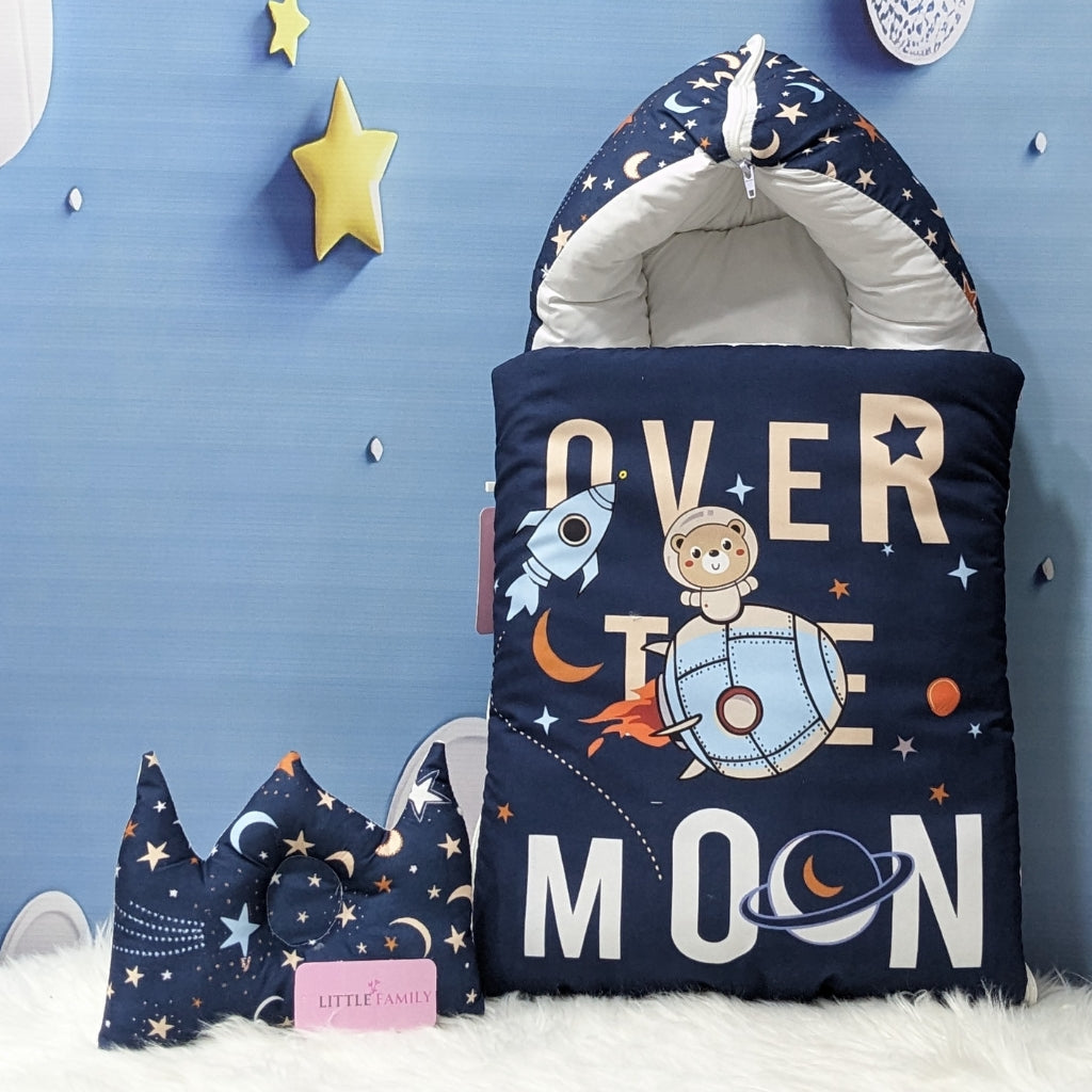 "Over The Moon" Theme Newborn Baby Carry Nest - Soft Poly Cotton | Navy Blue