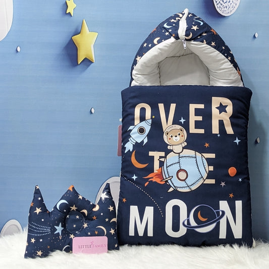 "Over The Moon" Theme Newborn Baby Carry Nest - Soft Poly Cotton | Navy Blue
