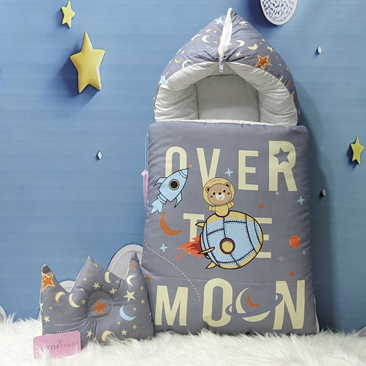 "Over The Moon" Theme Newborn Baby Carry Nest - Soft Poly Cotton | Grey