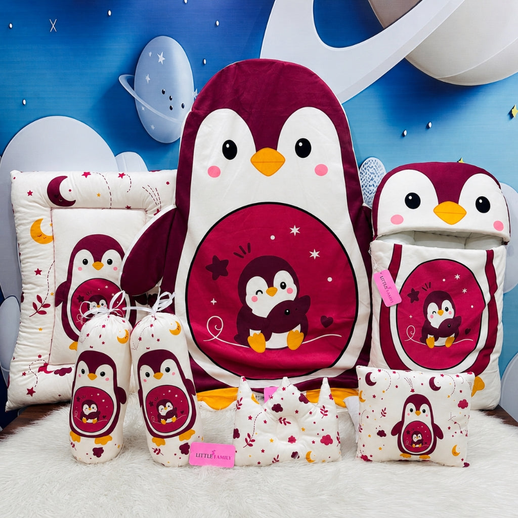 Premium 7-Piece Penguin Velvet Baby Bedding Set - Maroon