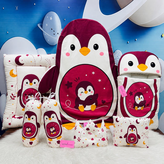 Premium 7-Piece Penguin Velvet Baby Bedding Set - Maroon