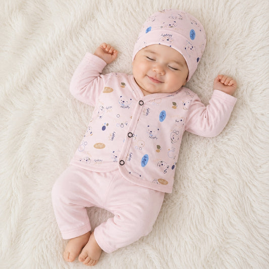 Newborn 3-Piece Cotton Outfit - Pink Bear