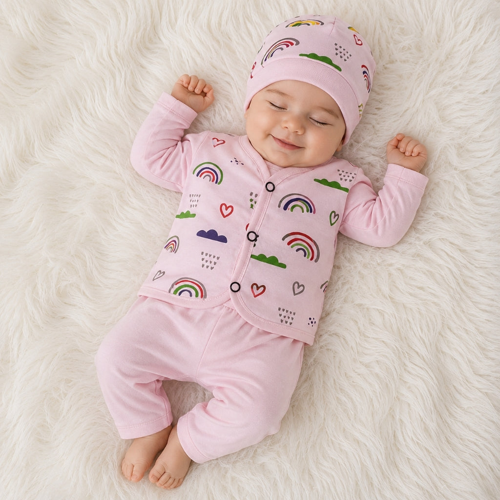 Newborn 3-Piece Cotton Outfit - Pink Rainbow