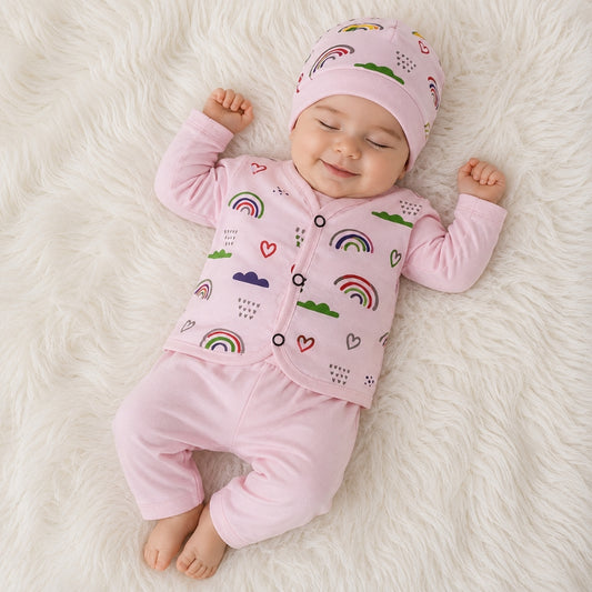 Newborn 3-Piece Cotton Outfit - Pink Rainbow