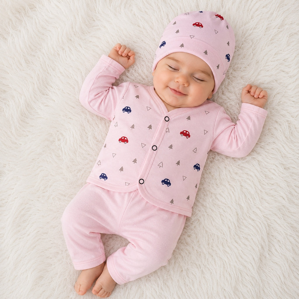 Newborn 3-Piece Cotton Outfit - Pink Cars