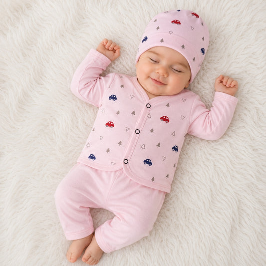 Newborn 3-Piece Cotton Outfit - Pink Cars