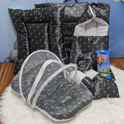 Premium Silk Printed  Baby Bedding Set - 8 Pieces (Black)