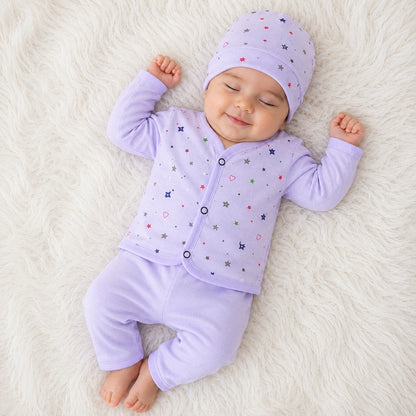 Newborn 3-Piece Cotton Outfit - Purple Multiple Stars