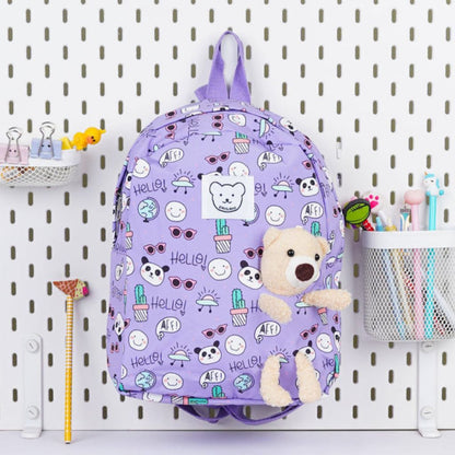 Kids’ Cartoon Backpack – Light Purple with Plush Toy & Fun Prints