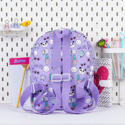 Kids’ Cartoon Backpack – Light Purple with Plush Toy & Fun Prints