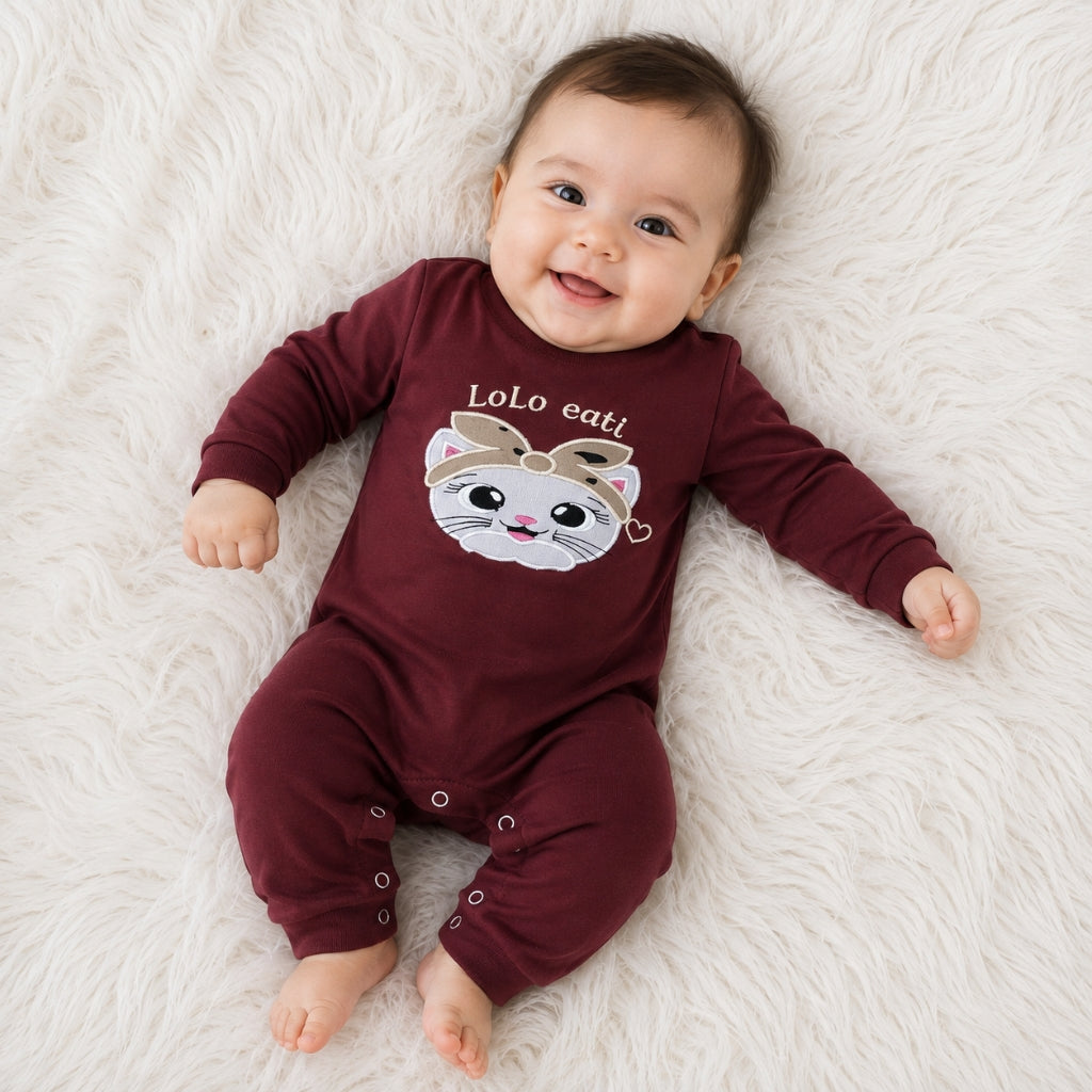 Premium Baby Full Body Romper - Baby Kitty Theme | Maroon