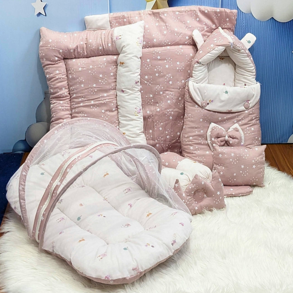Starry Dreams Baby Bedding Set - 8 Pieces (Dusty Pink) | Large