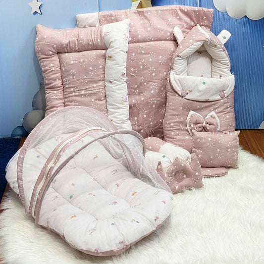 Starry Dreams Baby Bedding Set - 8 Pieces (Dusty Pink) | Large