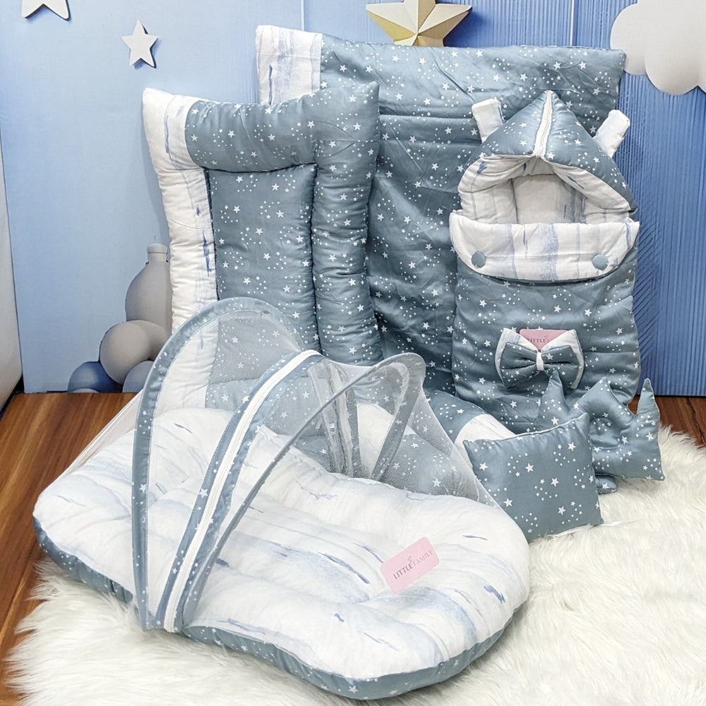 Starry Dreams Baby Bedding Set - 8 Pieces (Blue Gray) | Large
