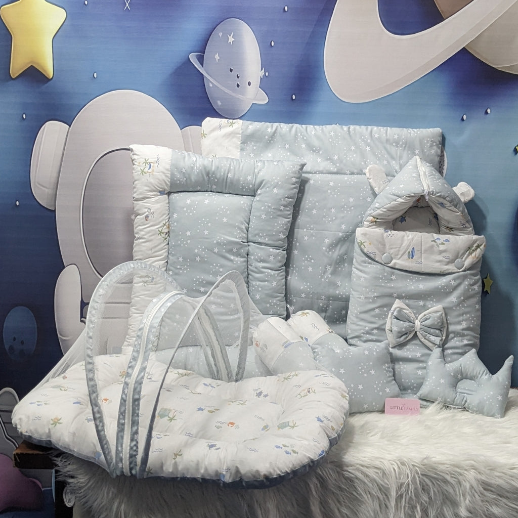 Starry Dreams Baby Bedding Set - 8 Pieces (Soft Mint) | Large