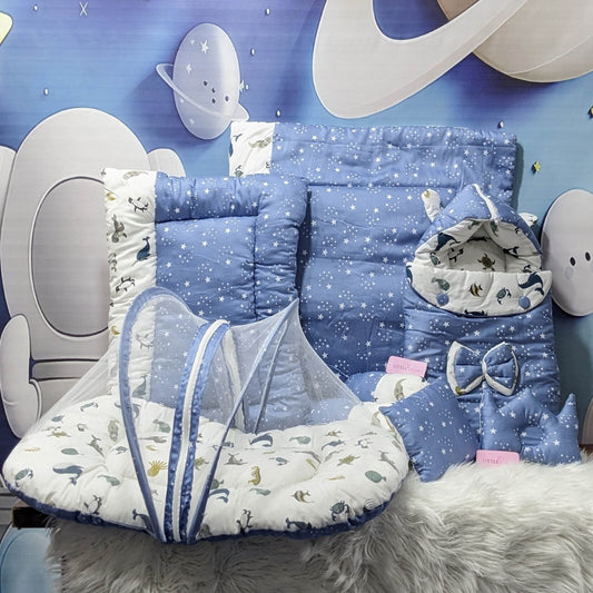 Starry Dreams Baby Bedding Set - 8 Pieces (Pastel Grey Blue) | Large