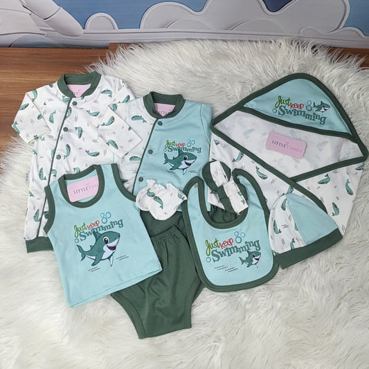 Premium Newborn Baby 10-Piece Gift Set - (Shark) | Green