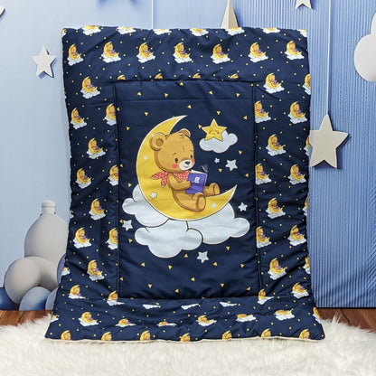 "Teddy On Moon" Baby 8 PC'S Bedding Set - (Navy Blue) | Large