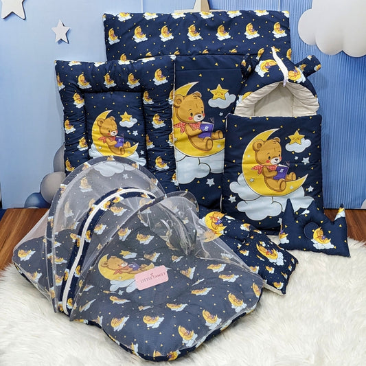 "Teddy On Moon" Baby 8 PC'S Bedding Set - (Navy Blue) | Large