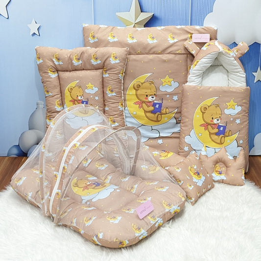 "Teddy On Moon" Baby 8 PC'S Bedding Set - (Soft Camel) | Large