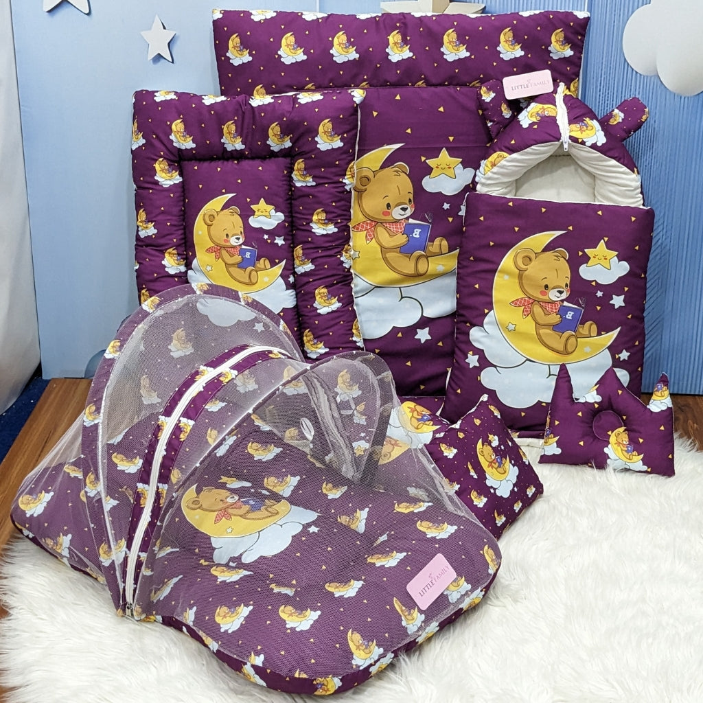 "Teddy On Moon" Baby 8 PC'S Bedding Set - (Berry Purple) | Large