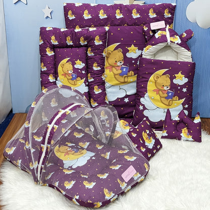 "Teddy On Moon" Baby 8 PC'S Bedding Set - (Berry Purple) | Large
