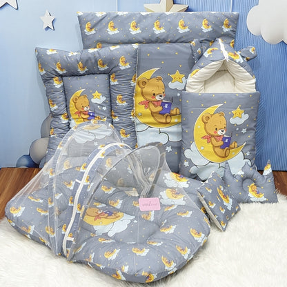 "Teddy On Moon" Baby 8 PC'S Bedding Set - (Grey) | Large