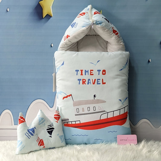 "Time To Travel" Theme Newborn Baby Carry Nest - Soft Poly Cotton | Blue