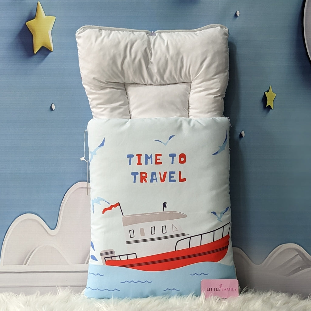 "Time To Travel" Theme Newborn Baby Carry Nest - Soft Poly Cotton | Blue