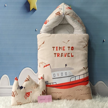 "Time To Travel" Theme Newborn Baby Carry Nest - Soft Poly Cotton | Soft Brown