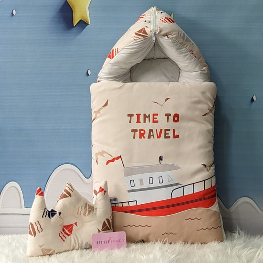 "Time To Travel" Theme Newborn Baby Carry Nest - Soft Poly Cotton | Soft Brown