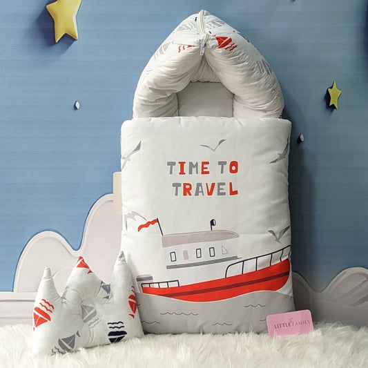 "Time To Travel" Theme Newborn Baby Carry Nest - Soft Poly Cotton | Soft Grey