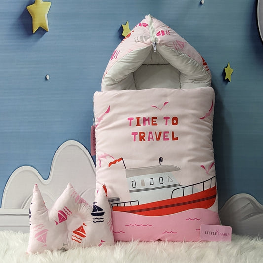 "Time To Travel" Theme Newborn Baby Carry Nest - Soft Poly Cotton | Pink