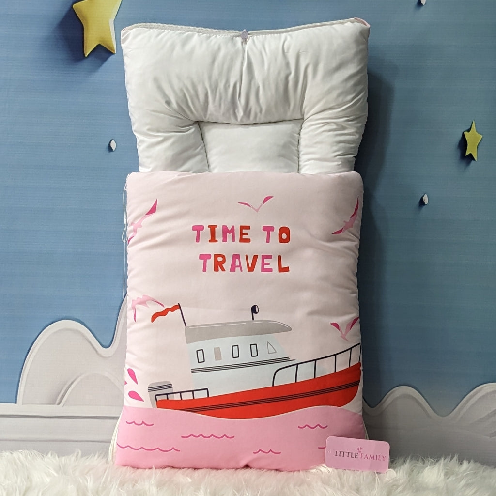 "Time To Travel" Theme Newborn Baby Carry Nest - Soft Poly Cotton | Pink