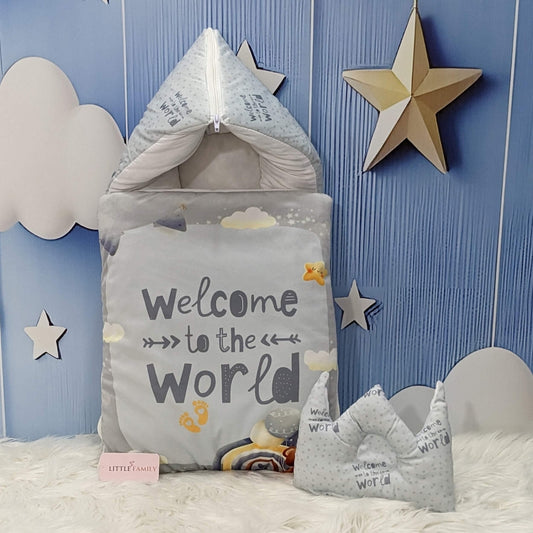 Soft Poly Cotton Newborn Carry Nest – Grey | “Welcome to the World” Edition
