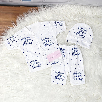 Premium Newborn “Welcome to the World” 3-Piece Outfit Set (Pack of 3)