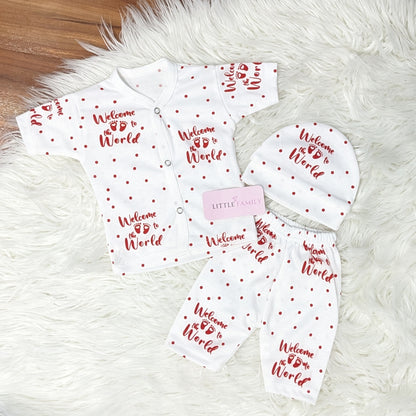 Premium Newborn “Welcome to the World” 3-Piece Outfit Set (Pack of 3)